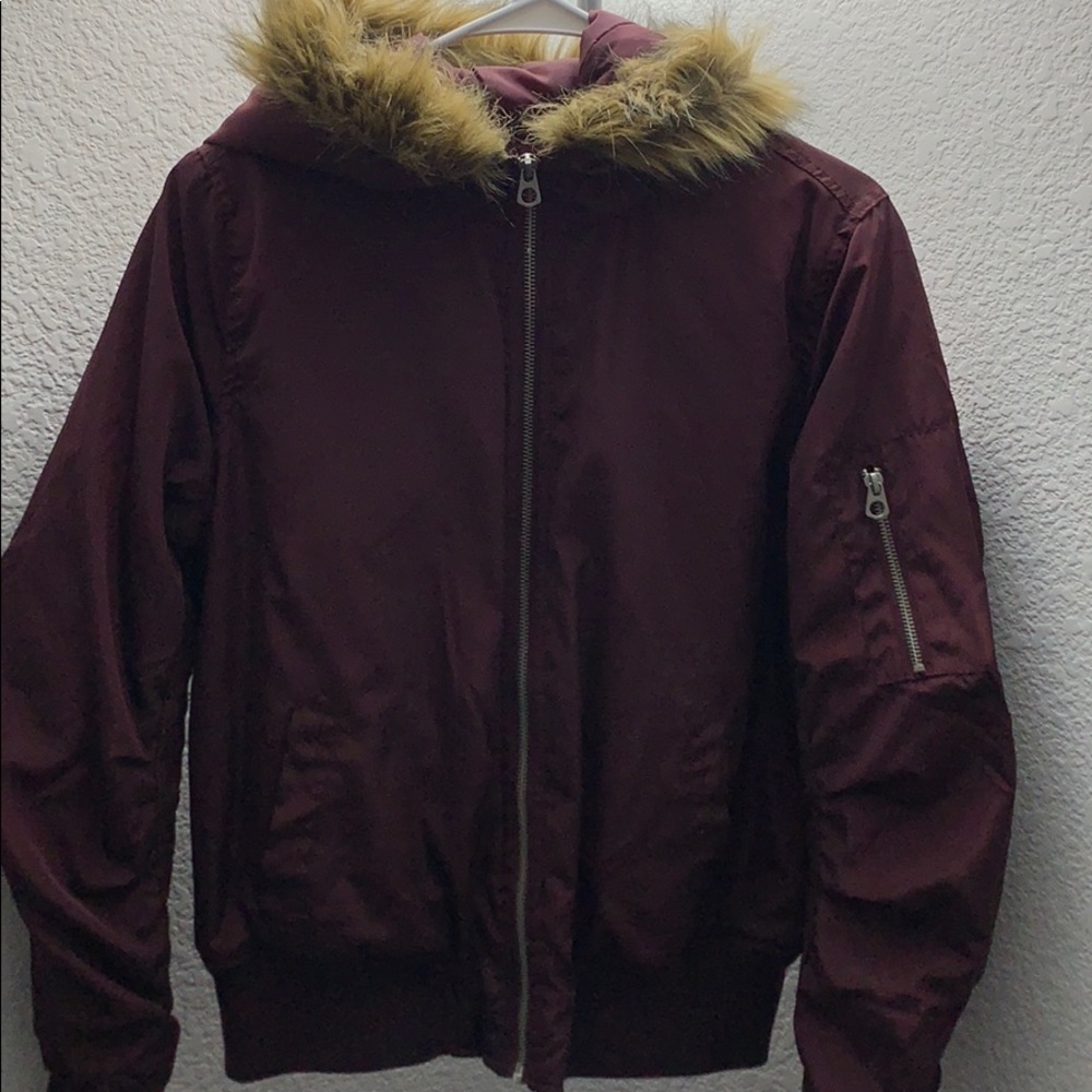 Burgundy bomber jacket with fur hoodie